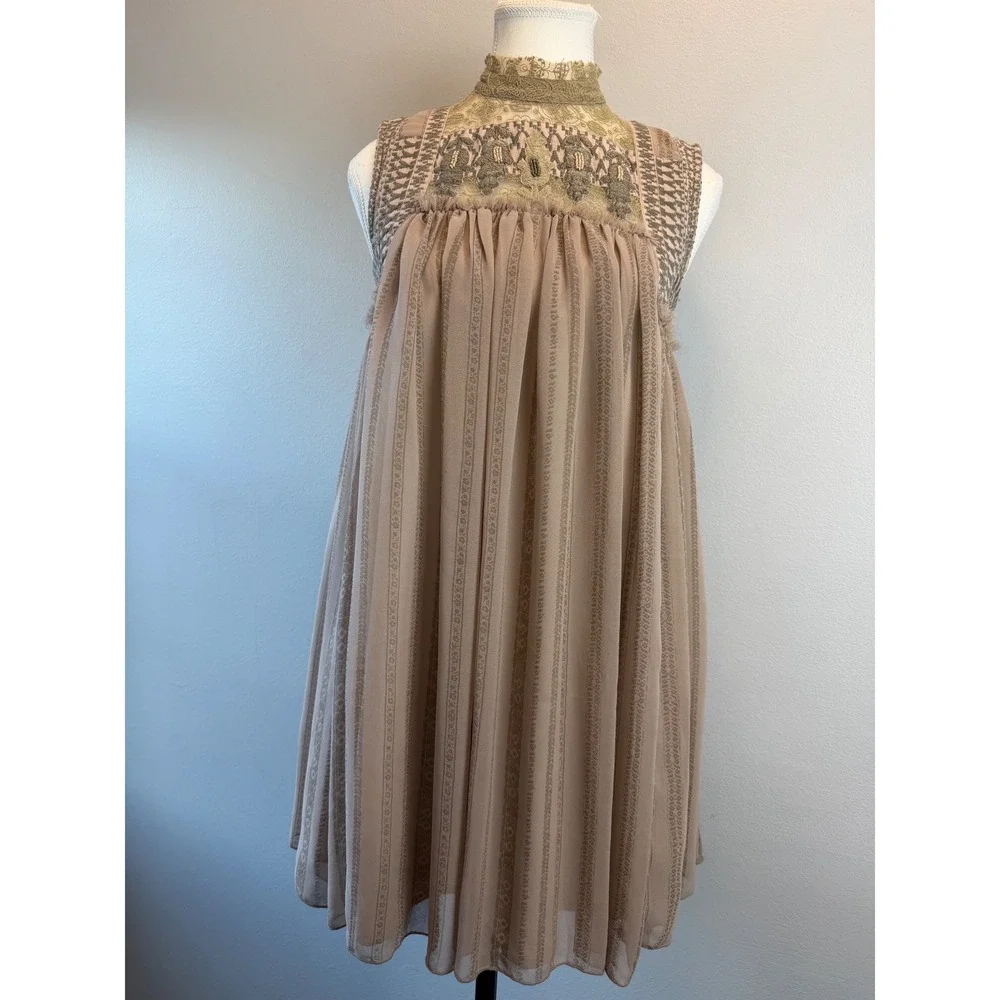 Free People XS Penny Georgette Babylon Lace Beaded Babydoll Mini Dress Mauve